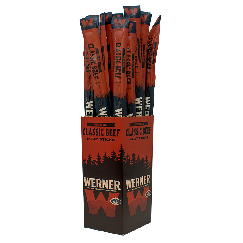 Box of Werner Classic Beef Meat Sticks on a white background
