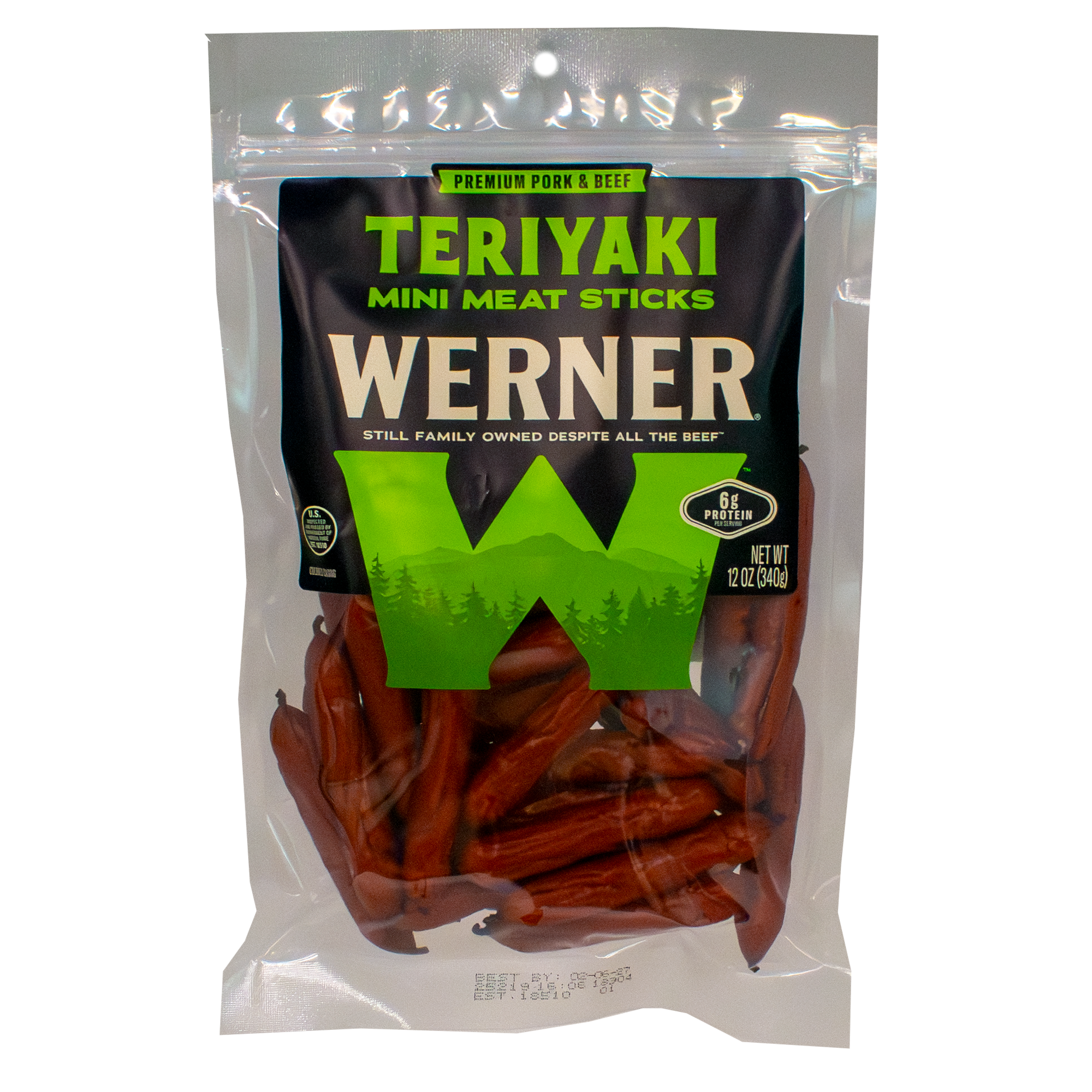 Packaged teriyaki mini meat sticks with Werner branding on a white background