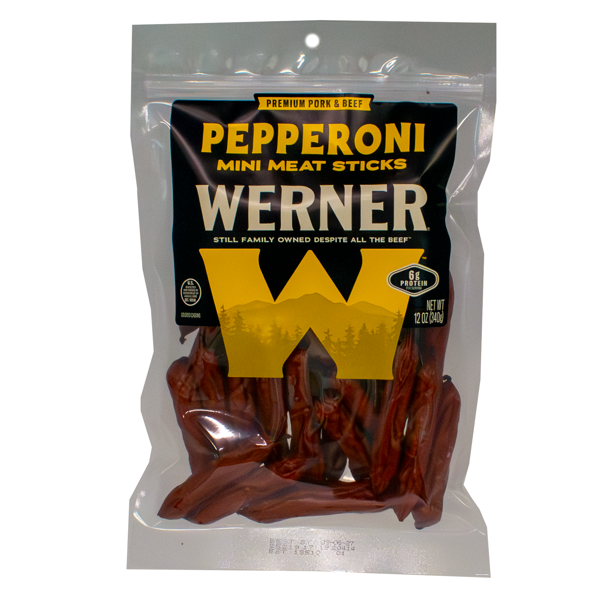 Packaged pepperoni mini meat sticks with Werner branding on a white background