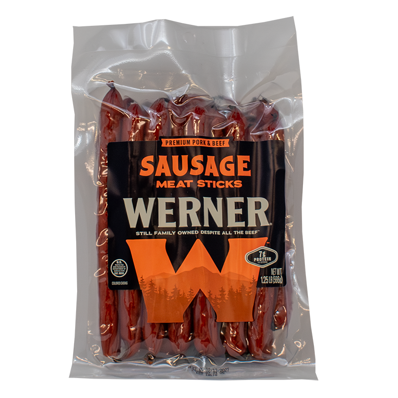 Packaged sausage sticks with Werner branding on a white background