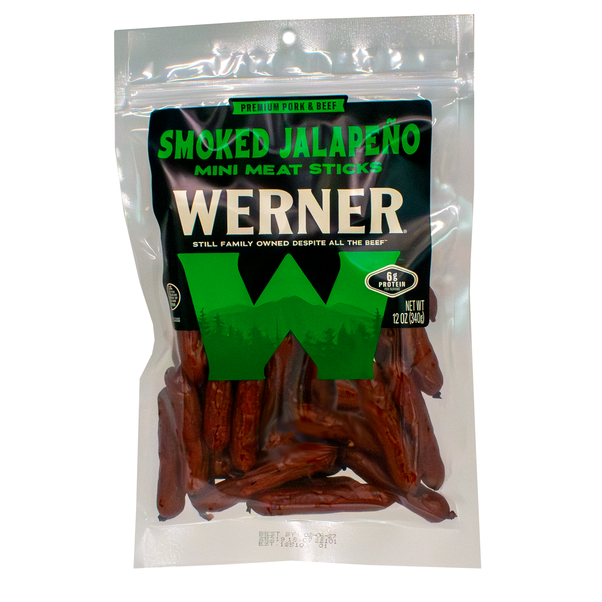 Packaged smoked jalapeño mini meat sticks with Werner branding on a white background