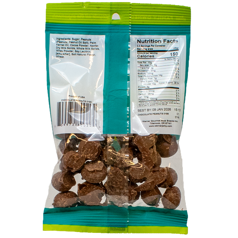 Packaged chocolate chips with a green and white label on a white background