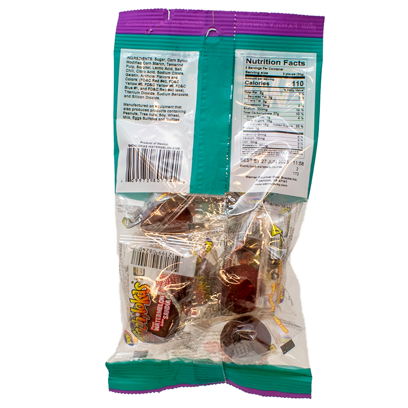 Bag of candy with a green and purple label on a white background