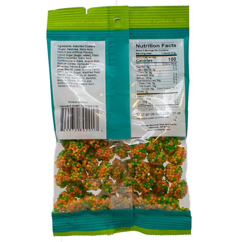 Packaged candy with green and orange colors on a white background