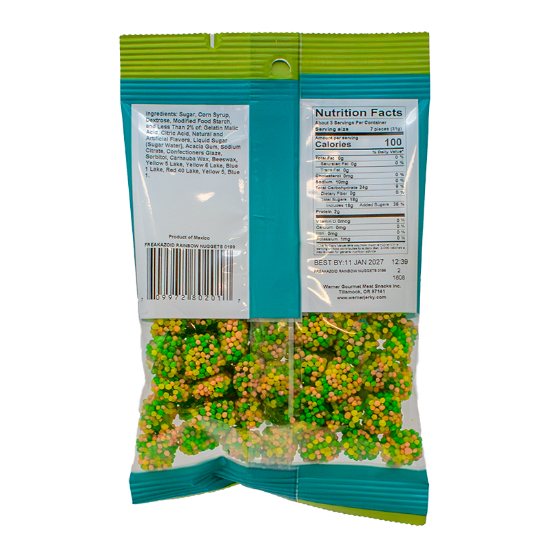Packaged candy with green and orange sprinkles on a white background
