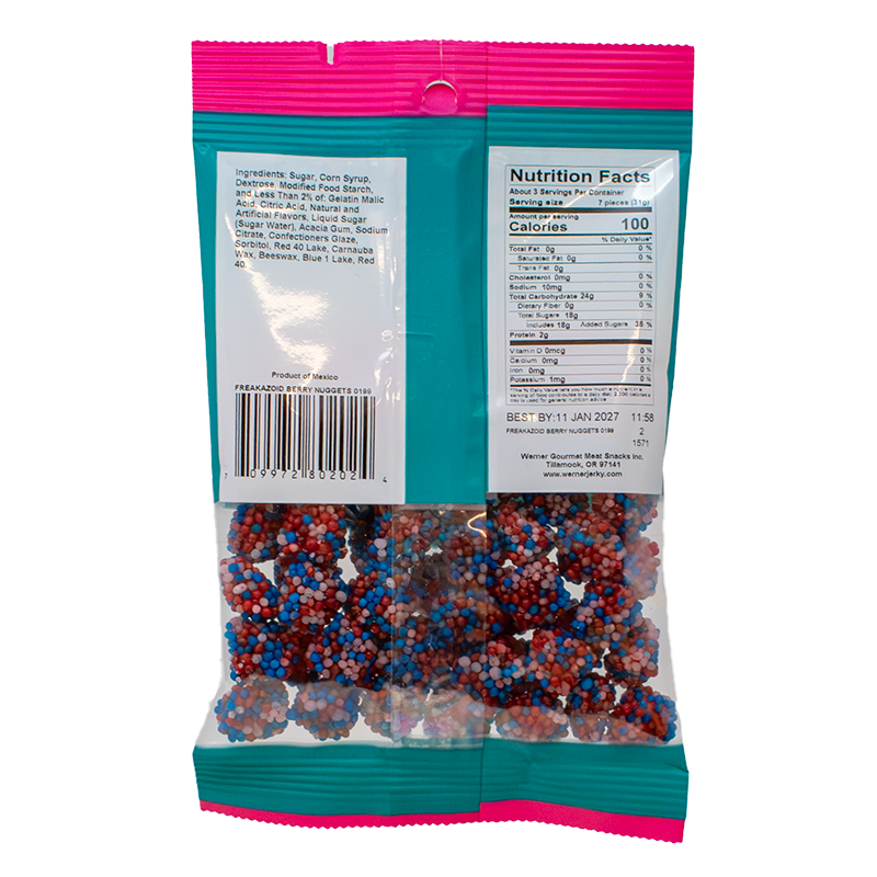 Bag of red, white, and blue candy with a teal and pink label on a white background