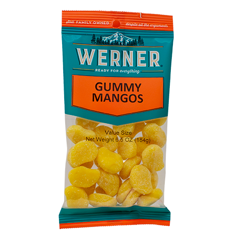 Packaged gummy mangos with Werner branding on a white background