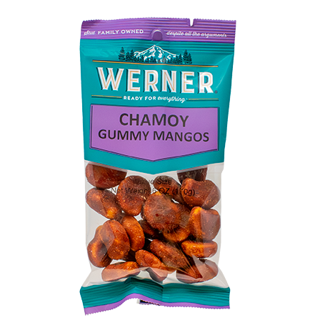 Packaged gummy mangos with Werner branding on a white background