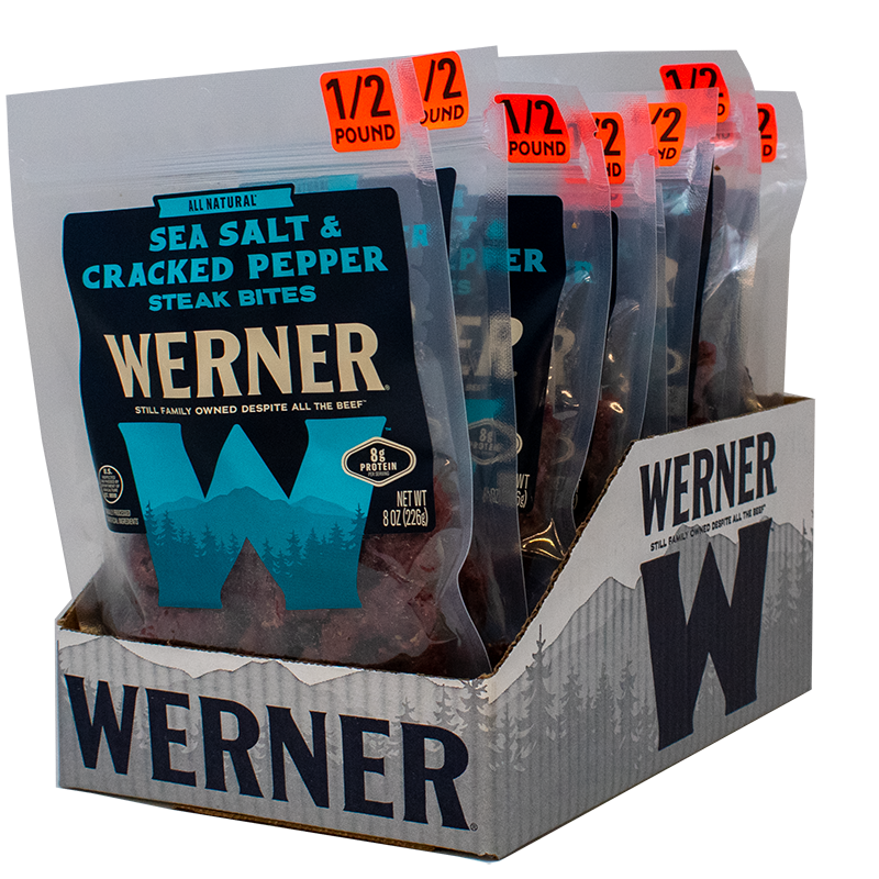 Display of Werner Sea Salt & Cracked Pepper Steak Bites packaging.