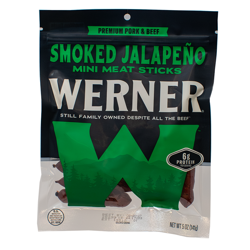 Packaging of Werner Smoked Jalapeño Mini Meat Sticks on a white background