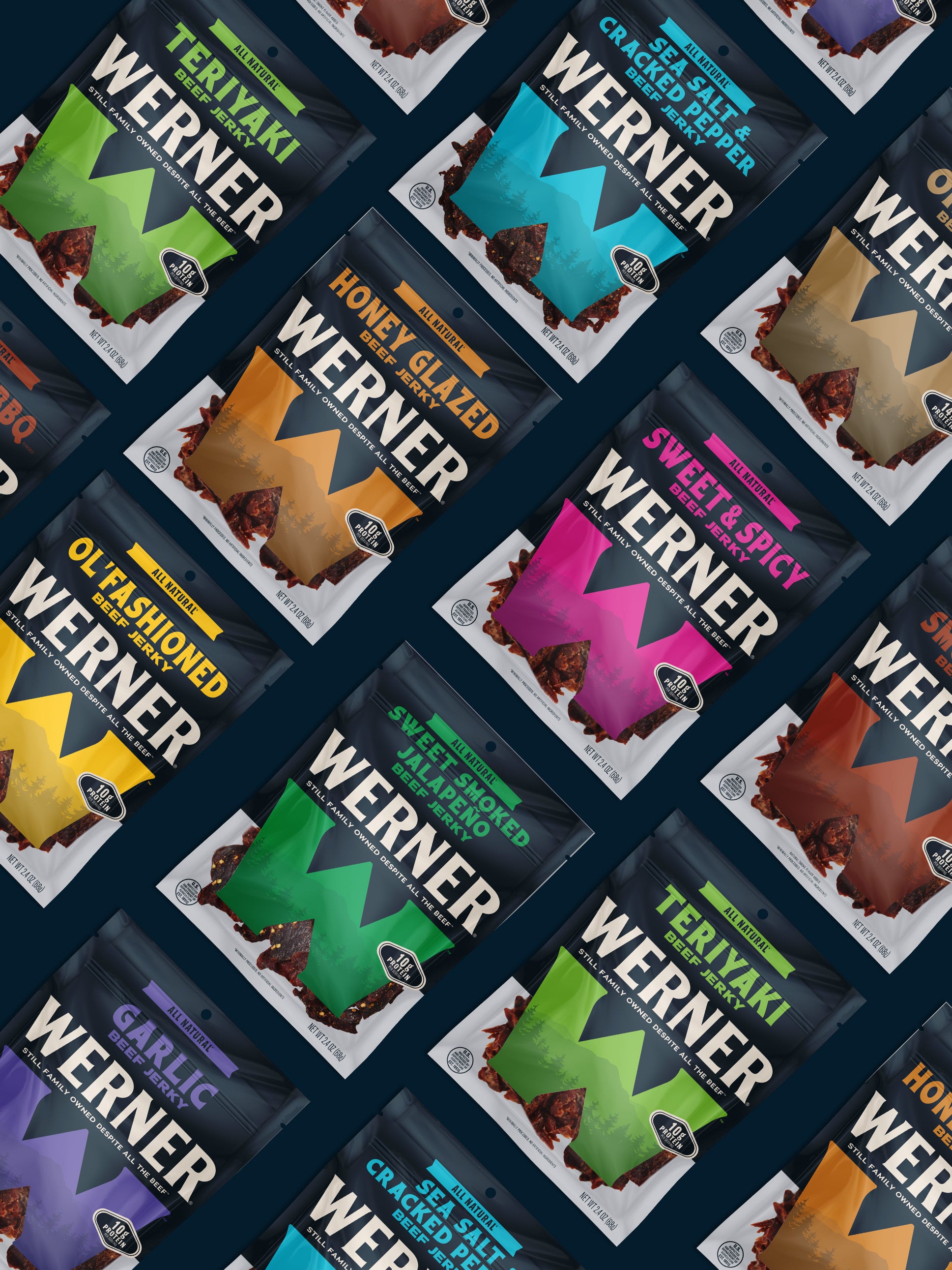 Pattern of Werner jerky packs with various flavors on a dark background