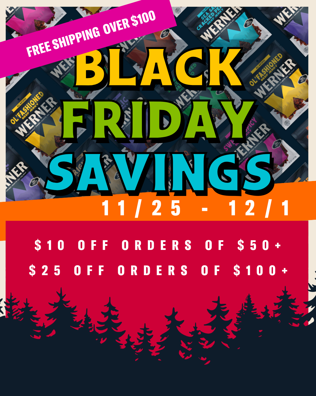 Black Friday savings advertisement with promotional text and a forest background