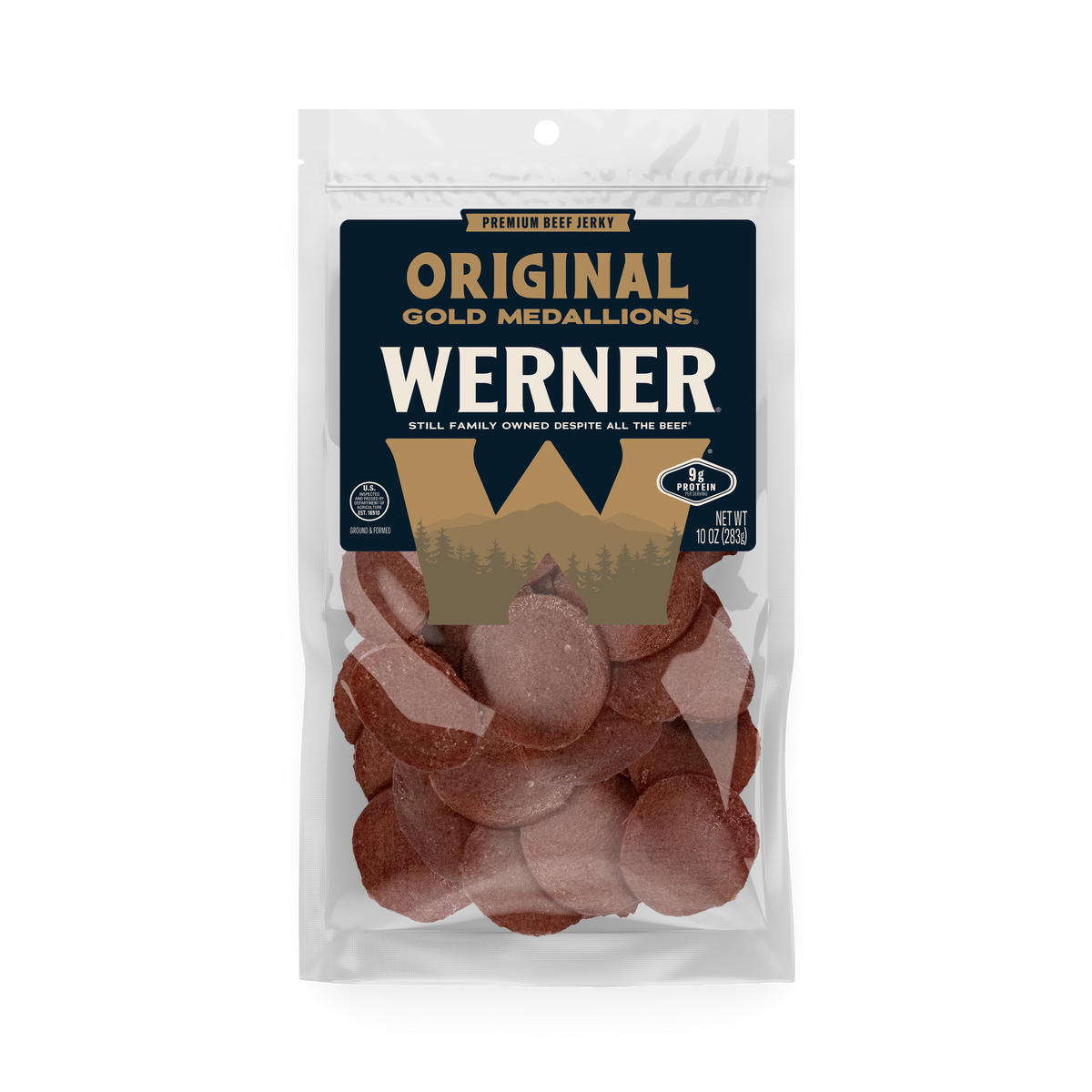A package of Werner Original Gold Medallions beef jerky, showing the clear plastic bag with the dark label and visible reddish-brown jerky slices inside, on a plain white background.