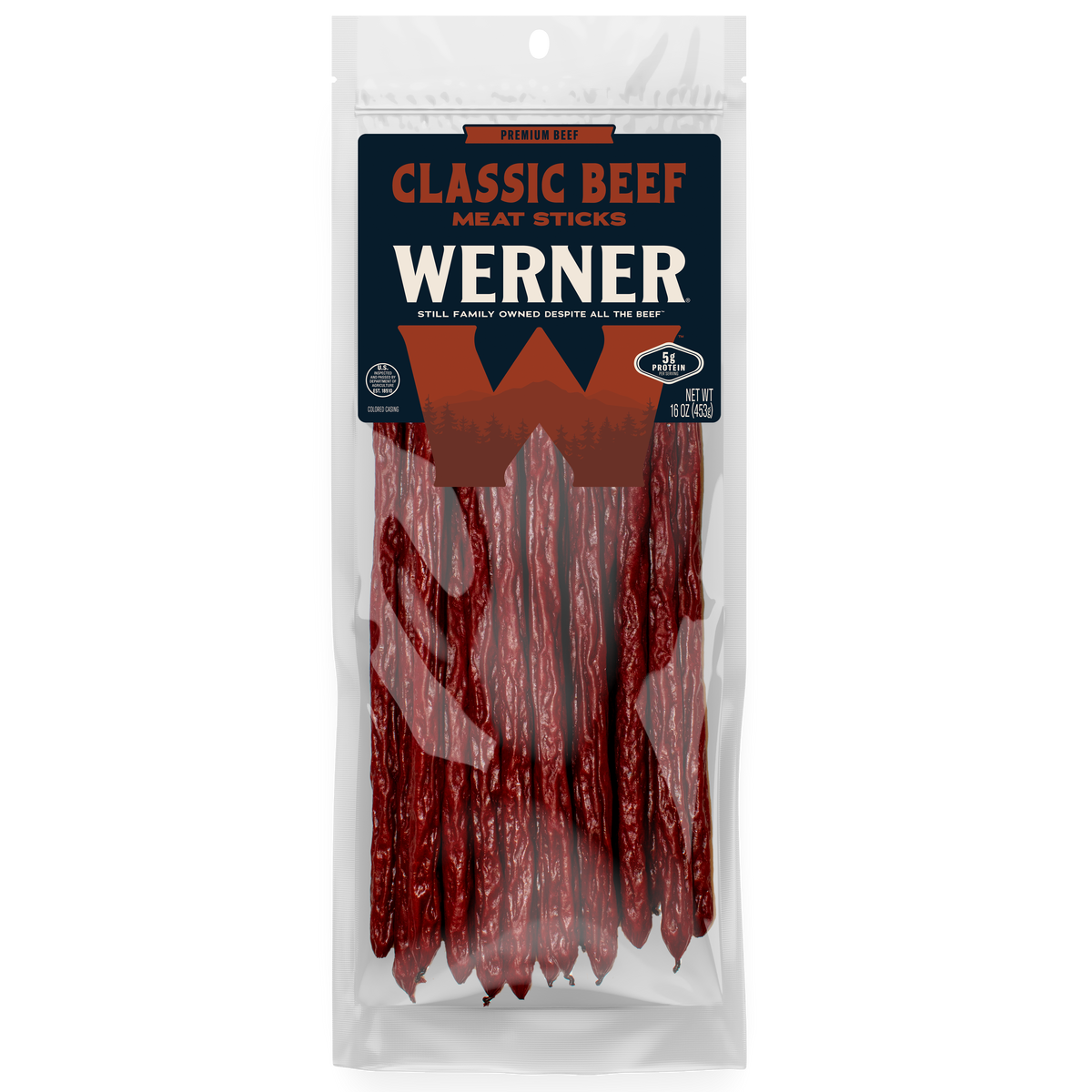 Packaged beef sticks with 'Werner' branding on a white background