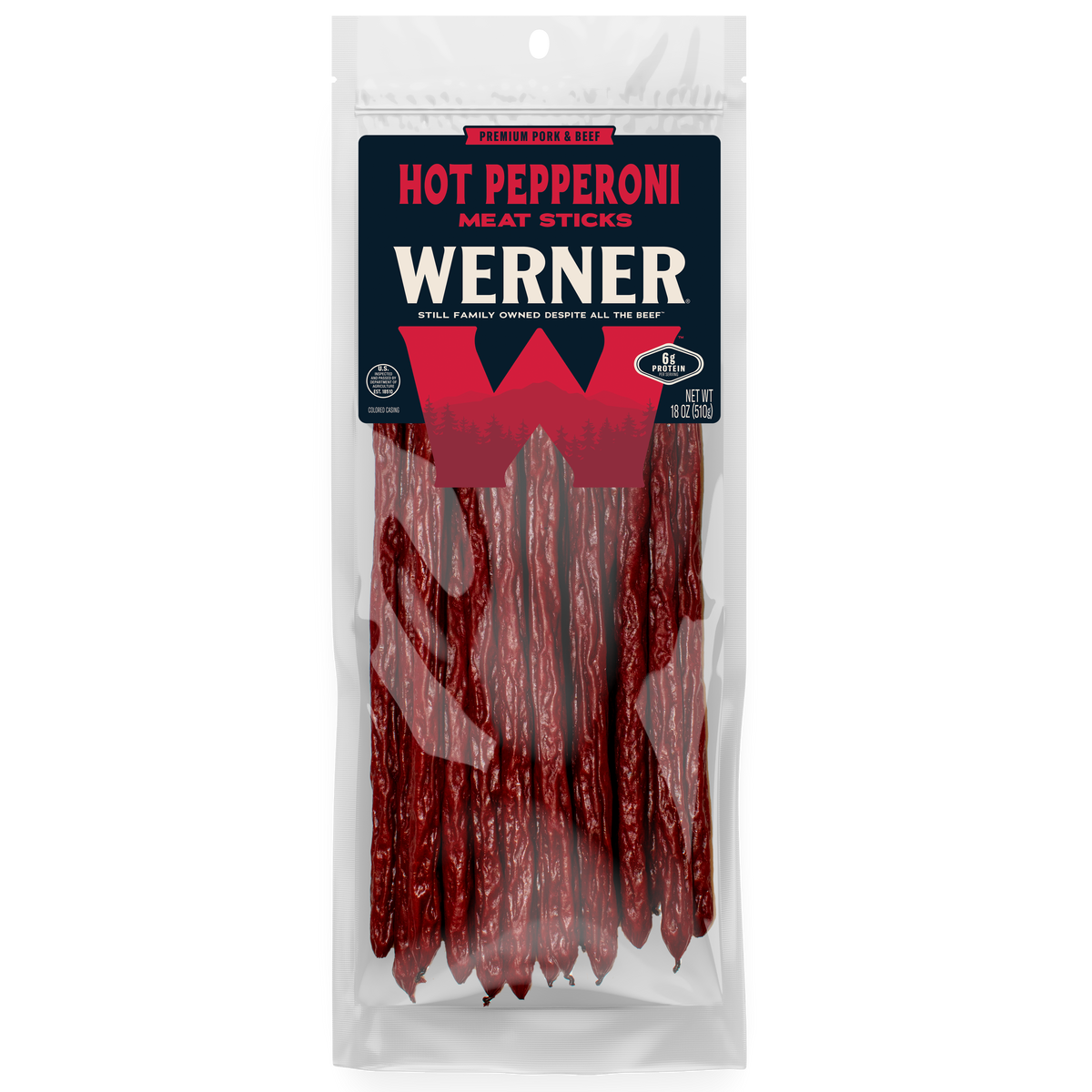 Packaged hot pepperoni meat sticks with Werner branding on a white background