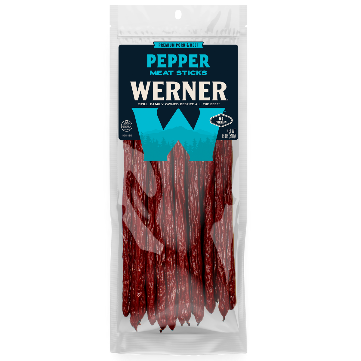 Packaged pepper meat sticks with Werner branding on a white background