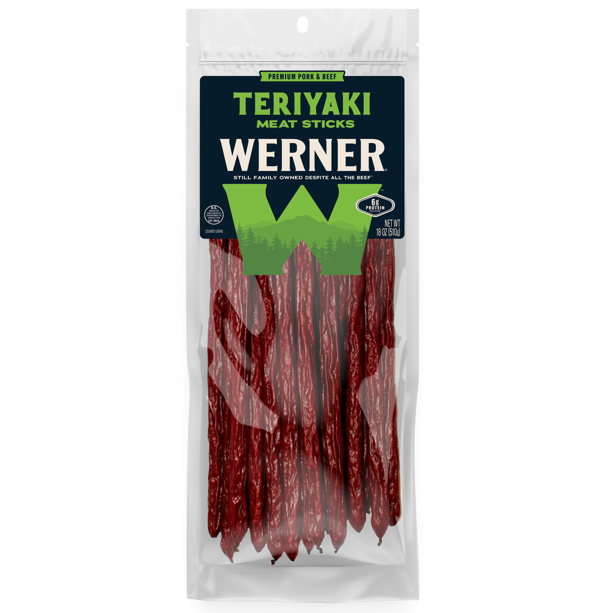 Packaged teriyaki meat sticks with Werner branding on a white background