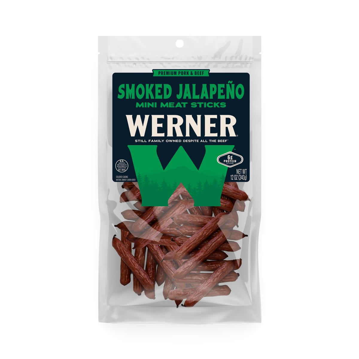 Packaged smoked jalapeño mini meat sticks with Werner branding on a white background