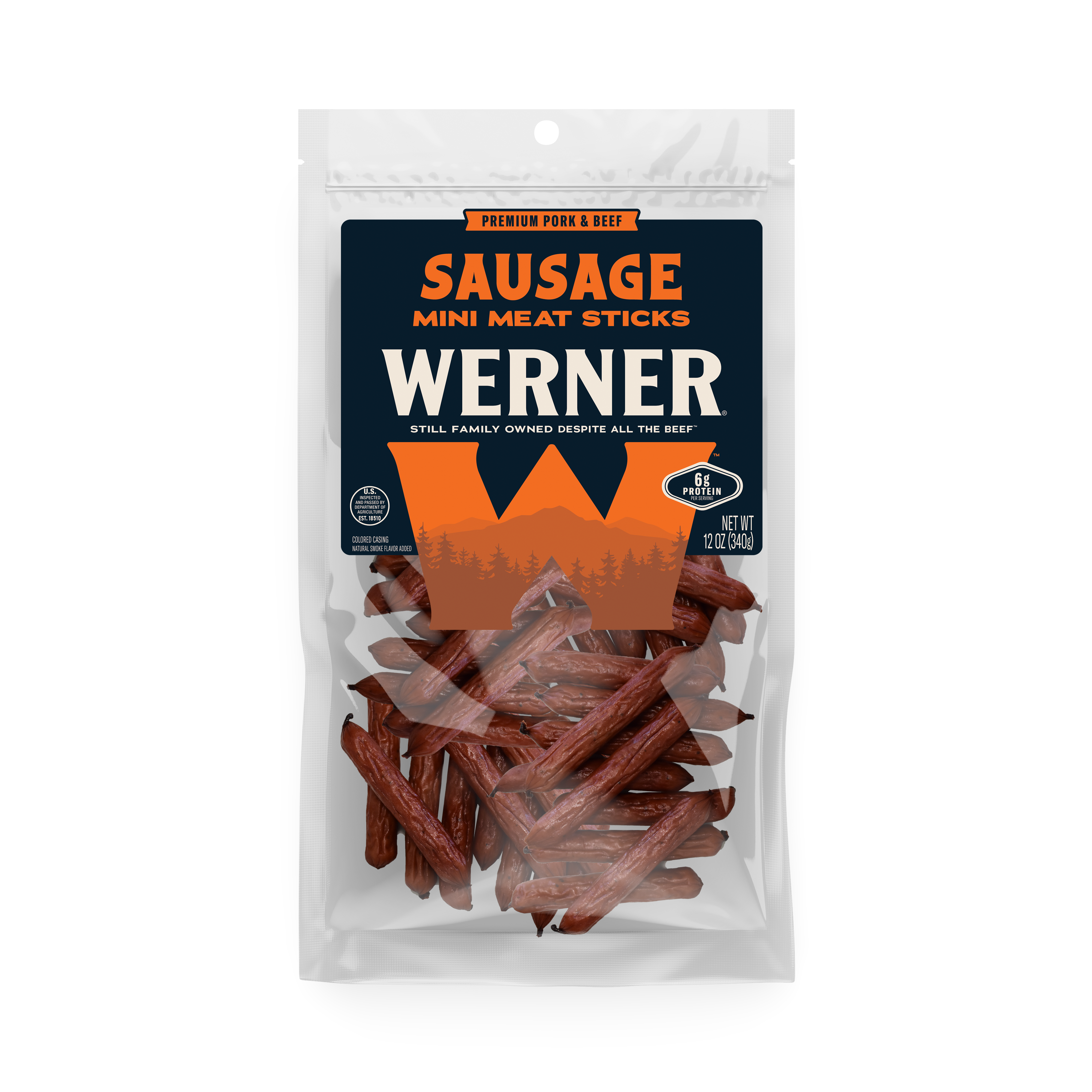 Packaged sausage mini meat sticks with Werner branding on a white background