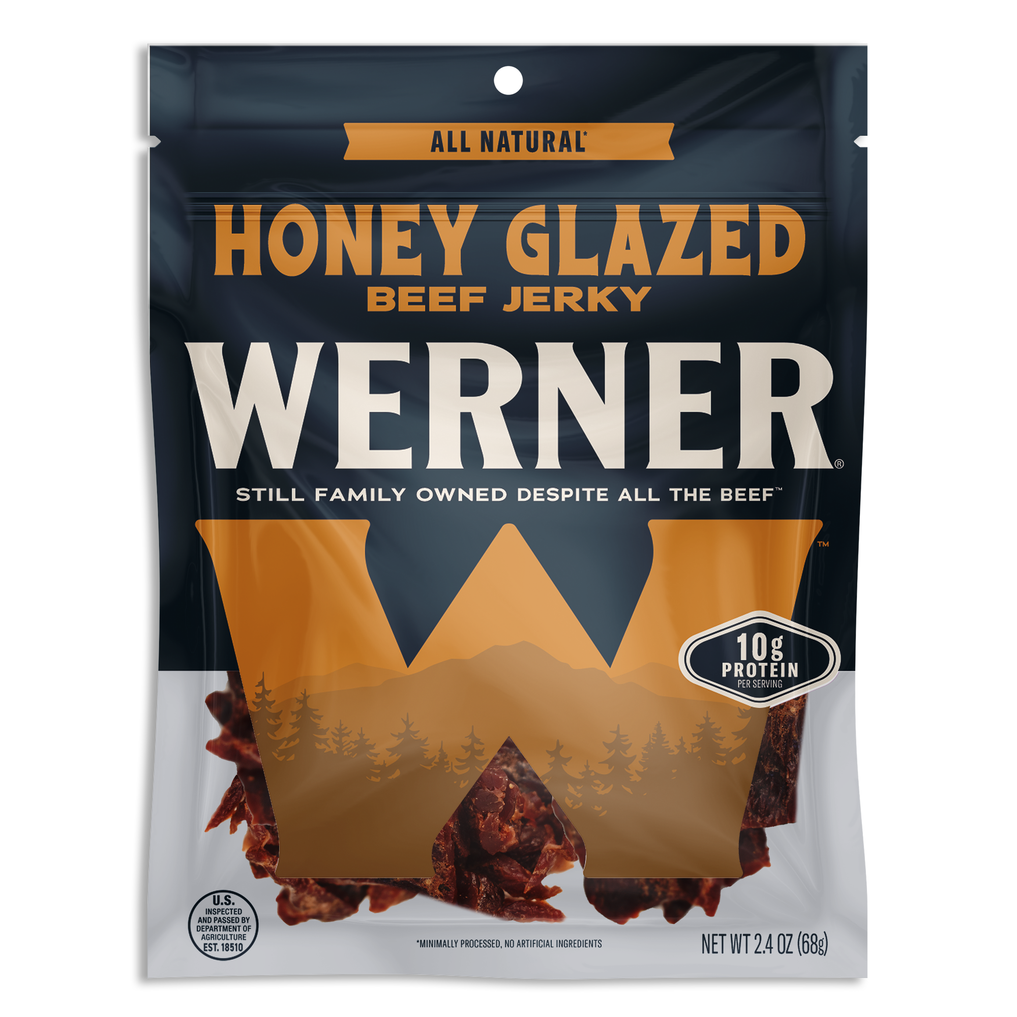Packaging of Werner honey glazed beef jerky with brand logo and product details.