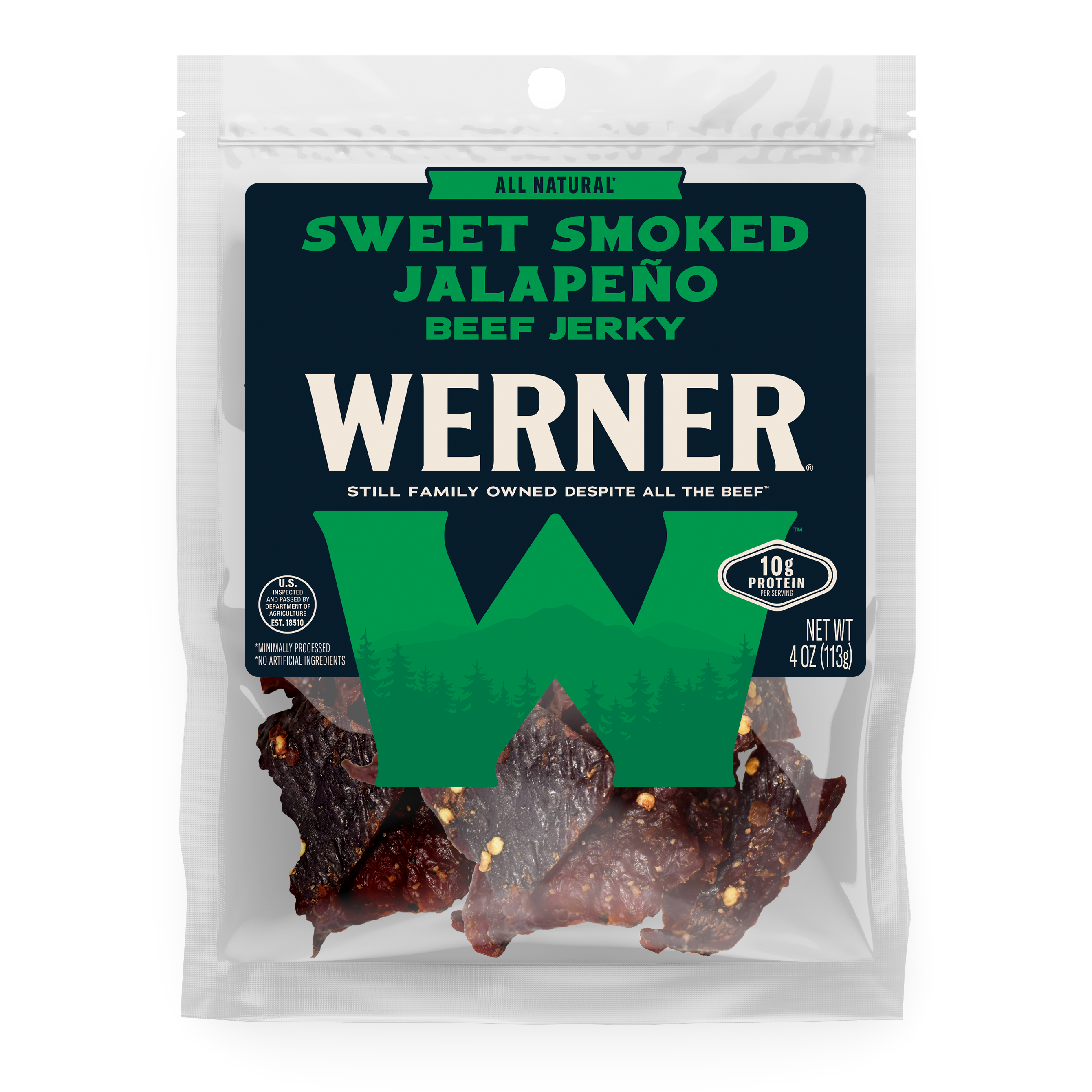 Package of Werner Sweet Smoked Jalapeño Beef Jerky on a white background
