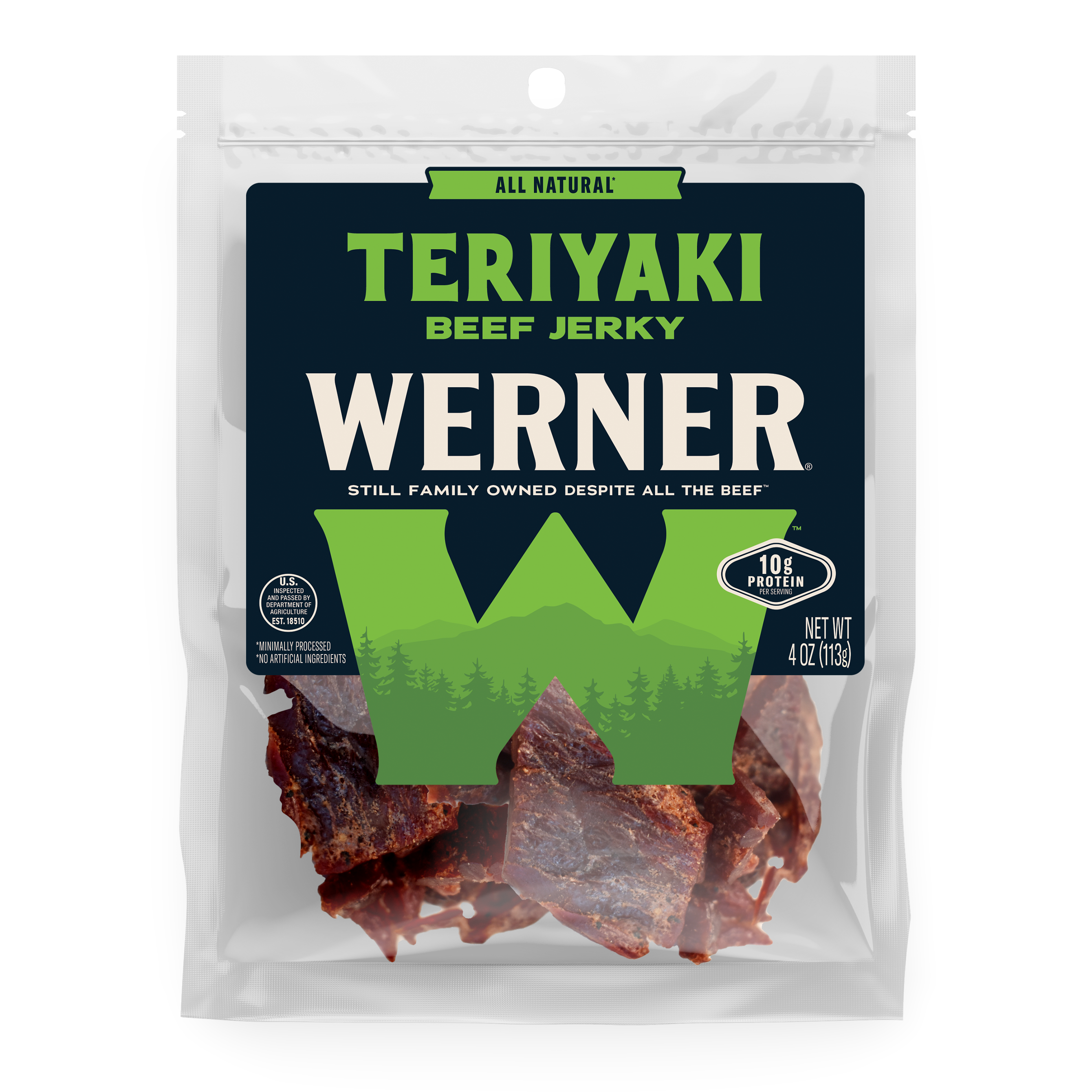 Package of Werner Teriyaki Beef Jerky on a white background