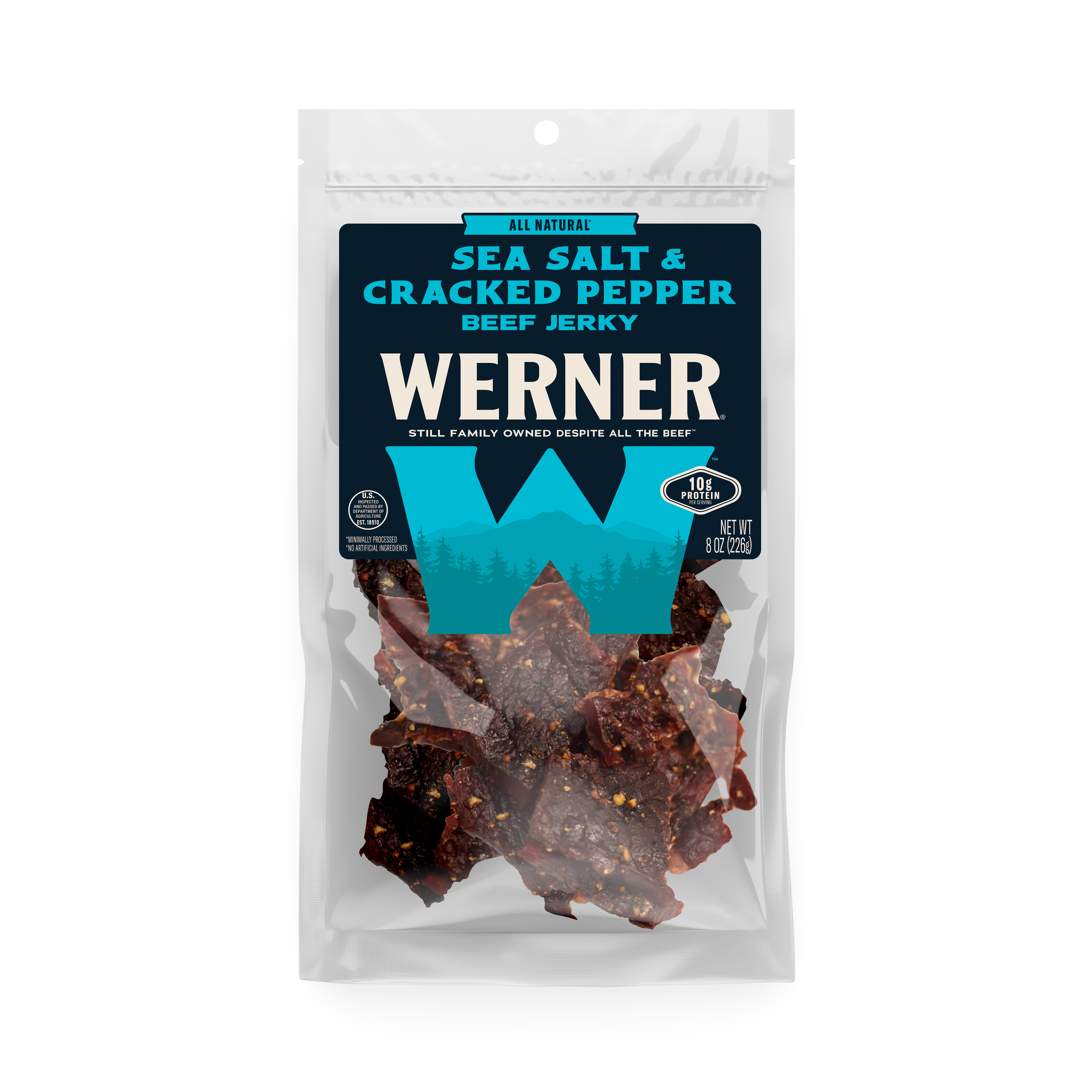 Packaged beef jerky with Werner branding on a white background