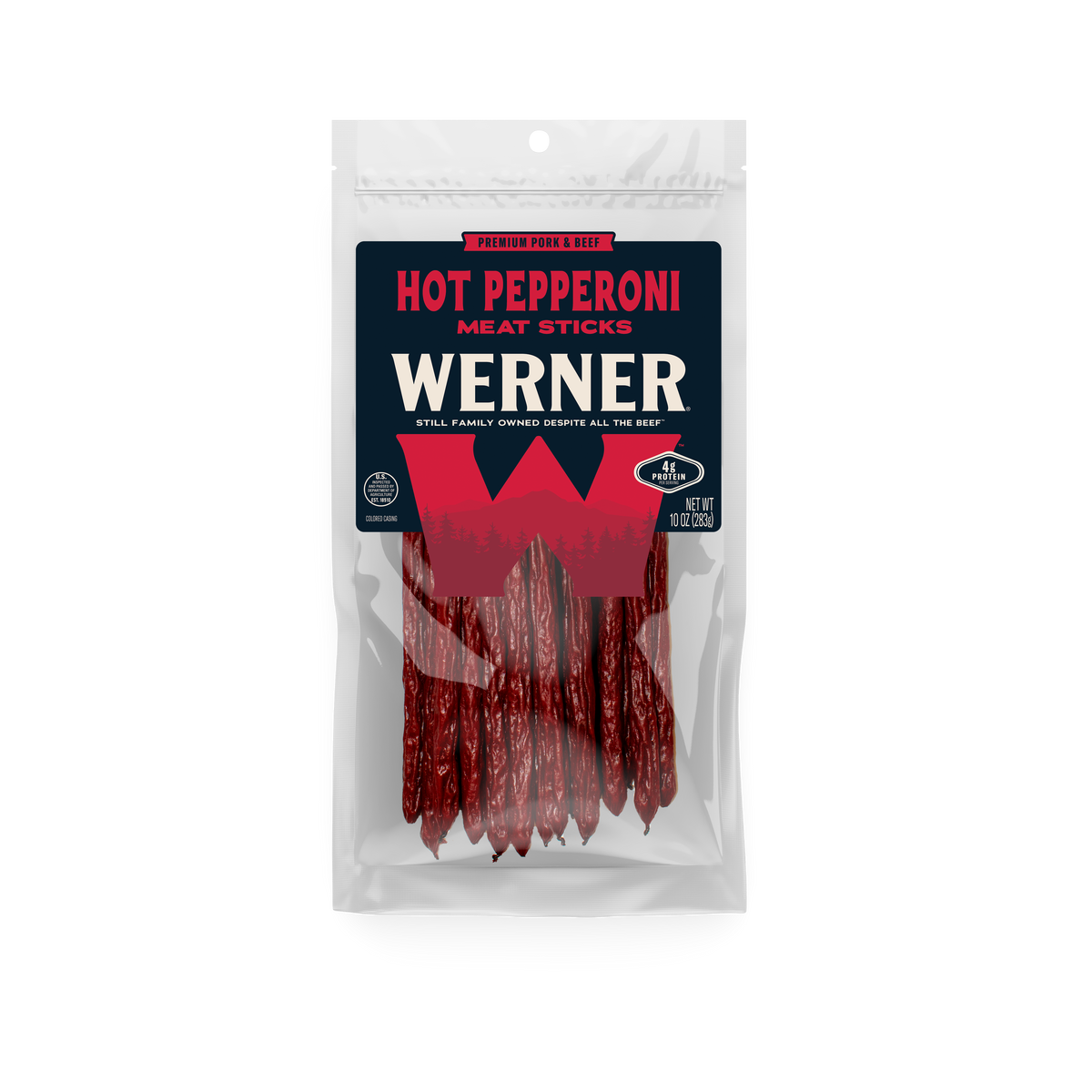 Packaged Werner hot pepperoni meat sticks on a white background