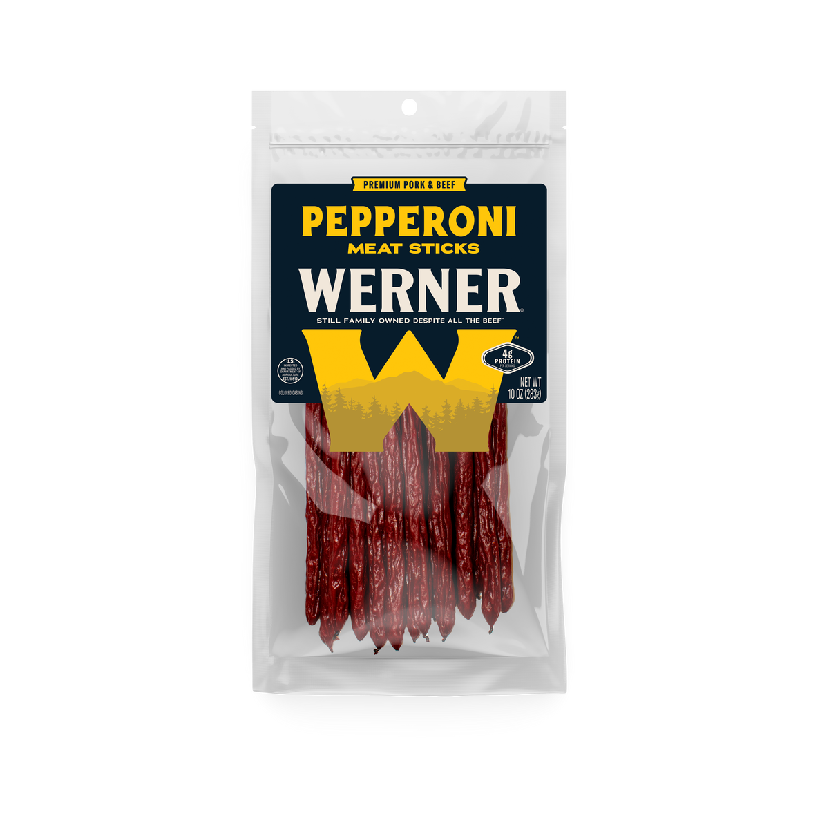 Packaged Werner pepperoni meat sticks on a white background