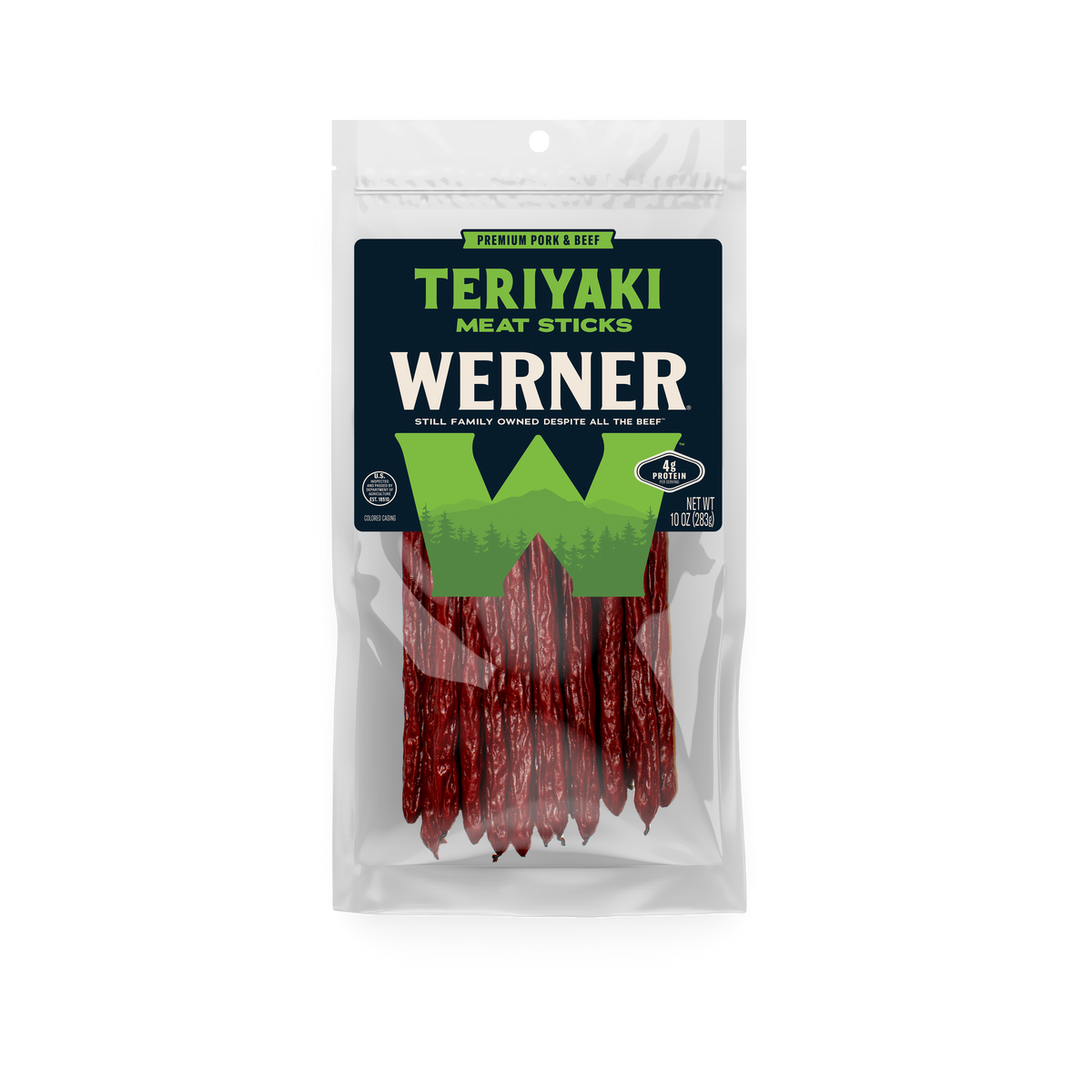 Packaged Werner Teriyaki Meat Sticks on a white background