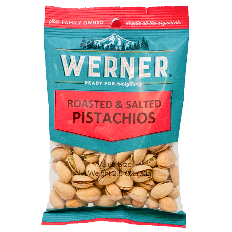 A bag of Werner brand roasted and salted pistachios, showing the pistachios inside the transparent packaging with red and blue branding.