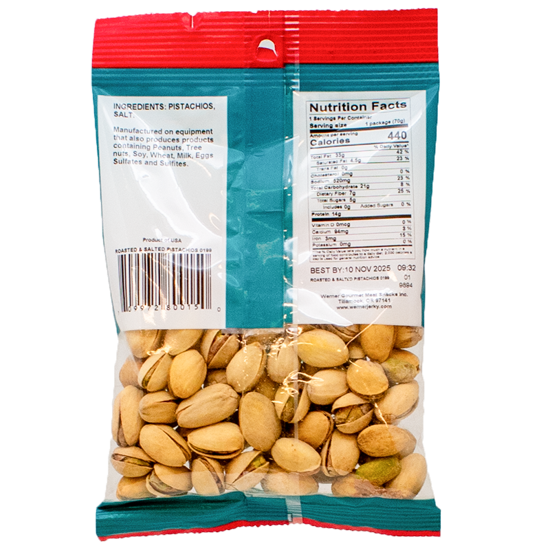 the back of a bag of werner brand pistachios with clear window showing nuts