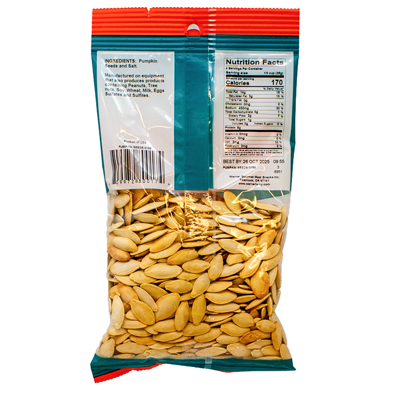 the back of a bag of werner brand pumpkin seeds that shows nutrition facts and ingredients