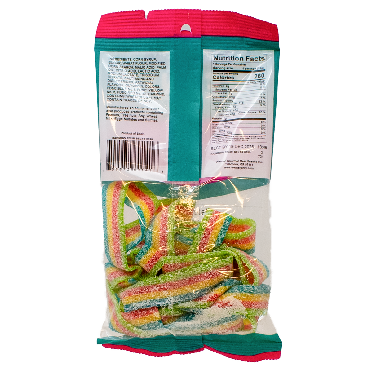 the back of a werner branded bag of rainbow sour belts showing nutrition facts and ingredients