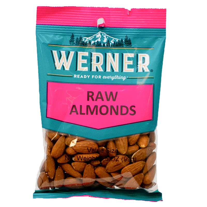 A bag of Werner brand raw almonds, with a pink and teal color scheme and a transparent window showing the almonds inside.