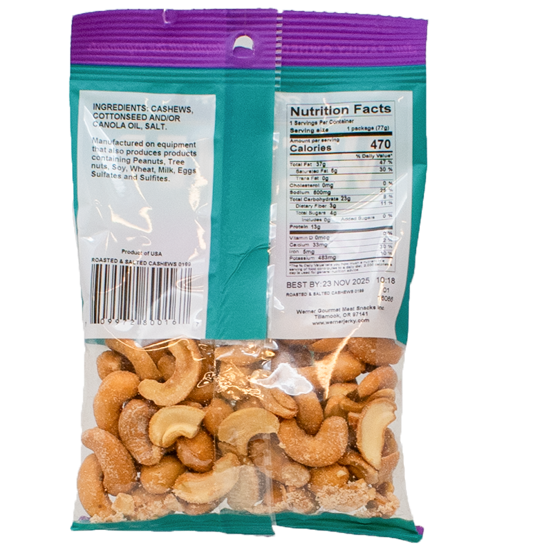 the back of a bag of roasted and salty cashews with nutrition facts and ingredients showing