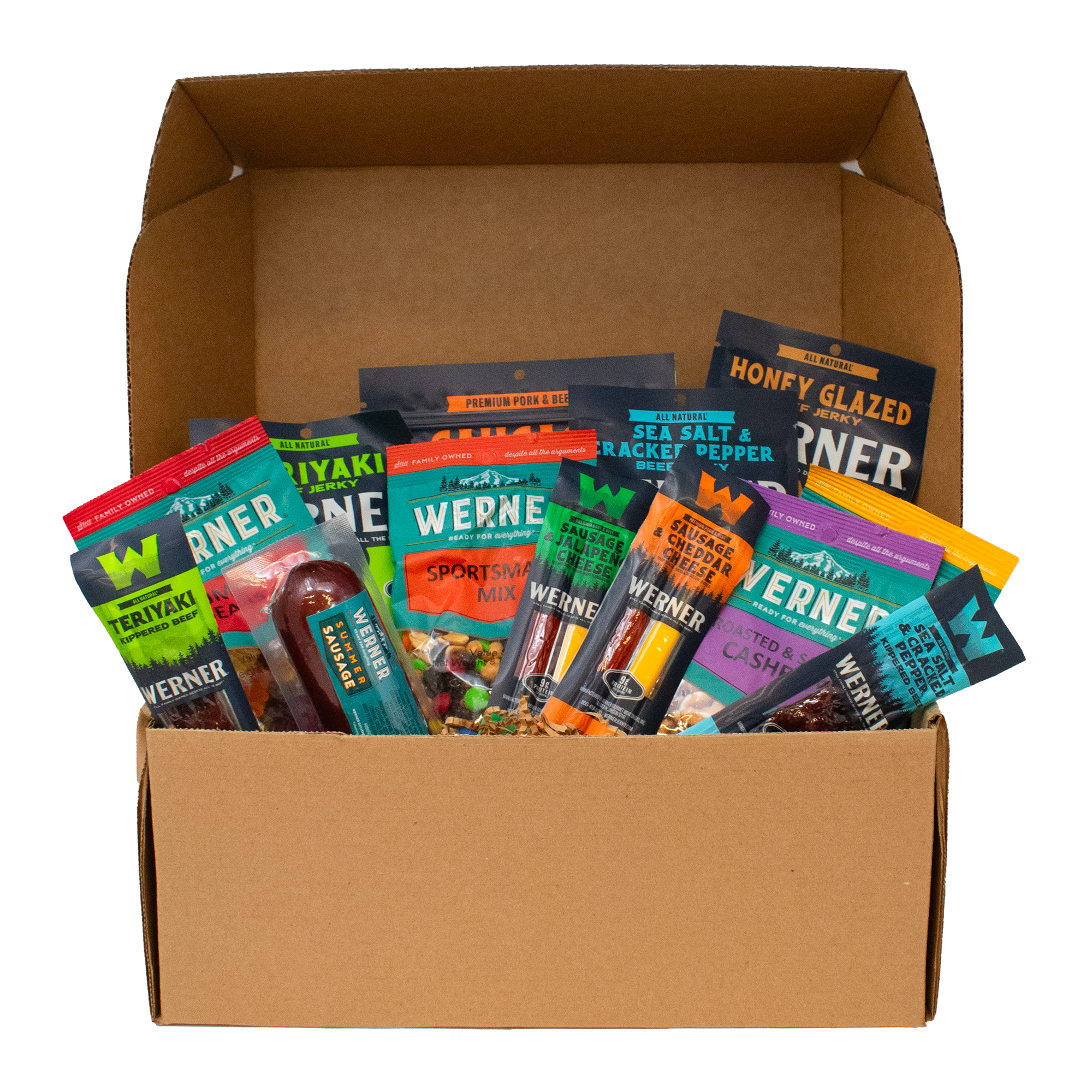 box of Werner snack products, beef jerky, snack sticks, trail mix, candy