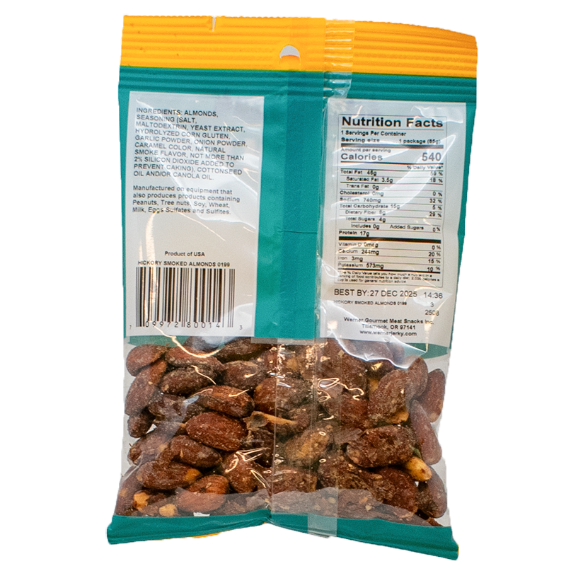 the back side of a bag of werner brand hickory smoked almonds