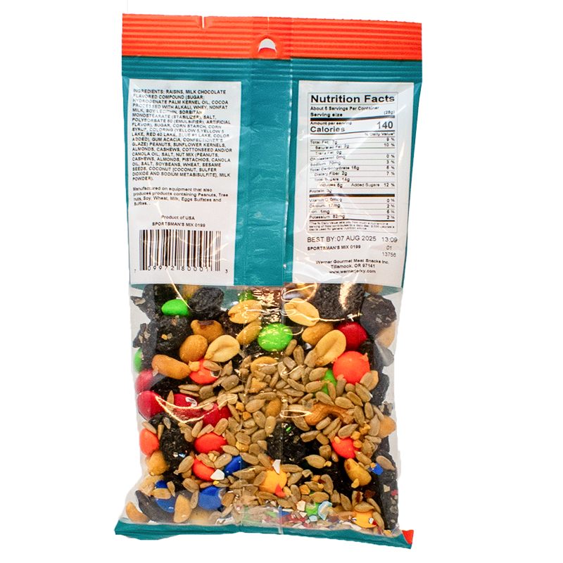 the back of A package of Werner Sportsman's Mix trail snack, showing the mix of nuts and candies through a transparent section, as well as nutrition facts and ingredients.