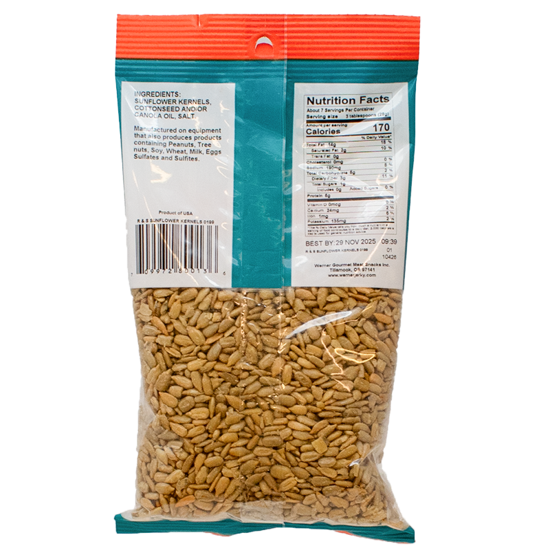 The back of a package of Werner brand roasted and salted sunflower kernels