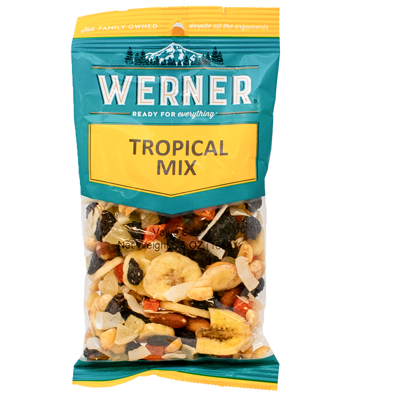 A package of Werner Tropical Mix with a variety of dried fruits.