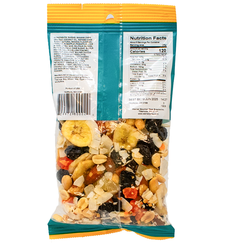 A package of Werner Tropical Mix with ingredients and nutritional facts and a clear window.