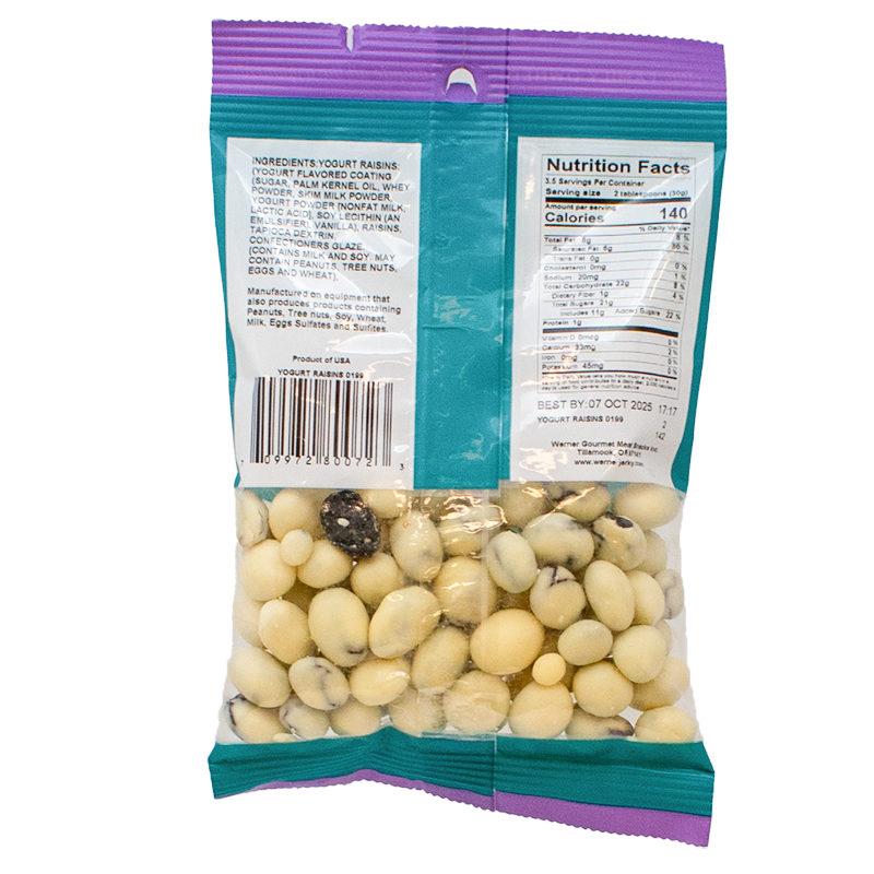 back of a purple and teal bag of yogurt covered raisins showing nutritional information