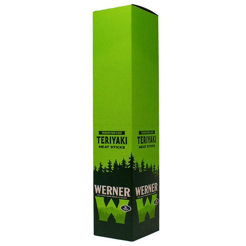 Green packaging box for Werner Teriyaki Meat Sticks on a white background