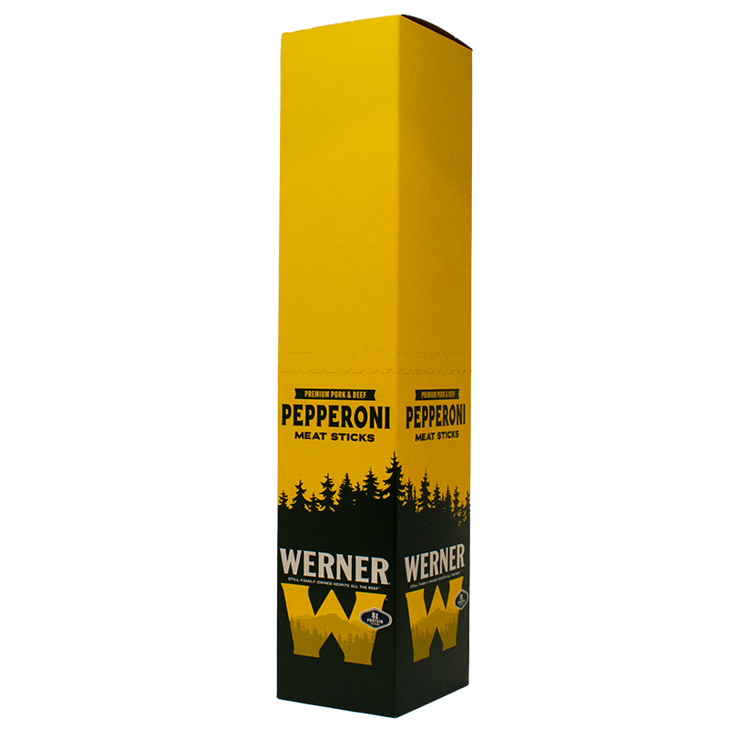 Yellow and black packaging of Werner pepperoni meat sticks on a white background