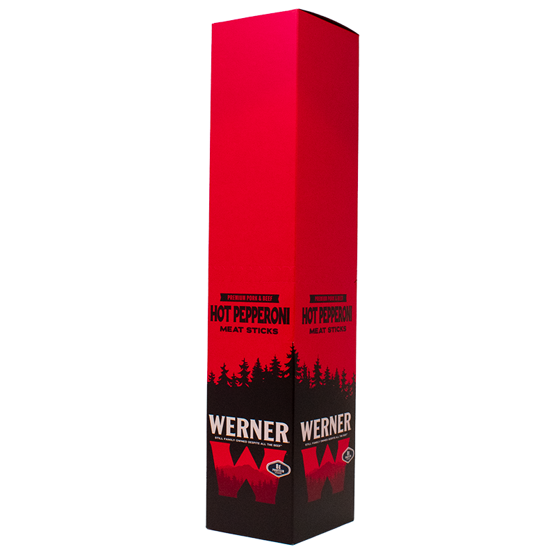 Red and black box of Werner hot pepperoni meat sticks on a white background