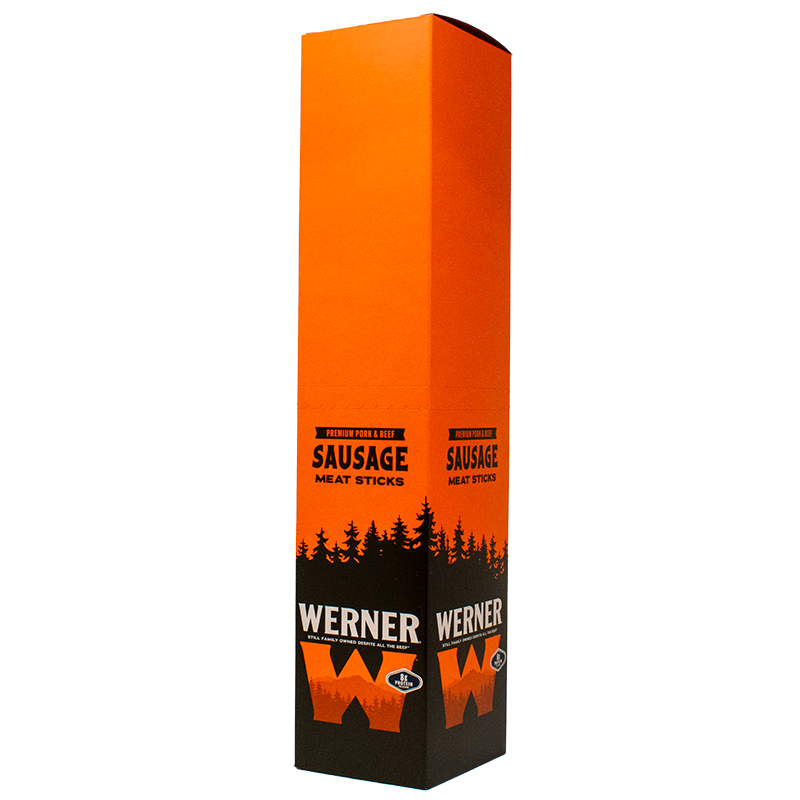 Orange and black packaging box for Werner sausage meat sticks on a white background