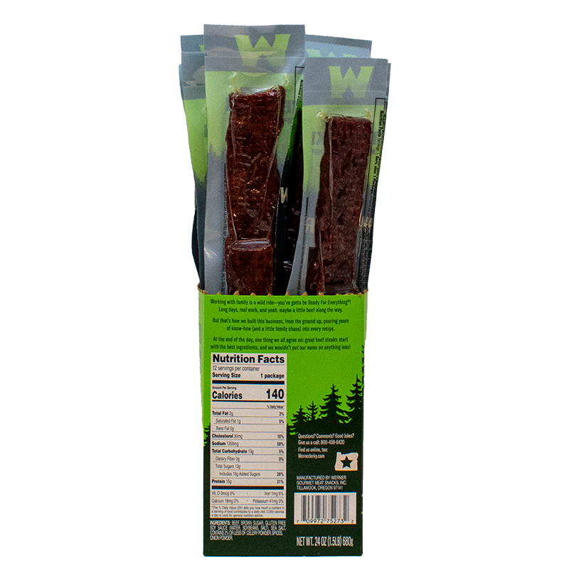 Packaging of Werner beef steaks with nutritional information on a white background