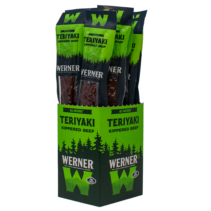 Display of Werner Teriyaki Kippered Beef packages on a white background
