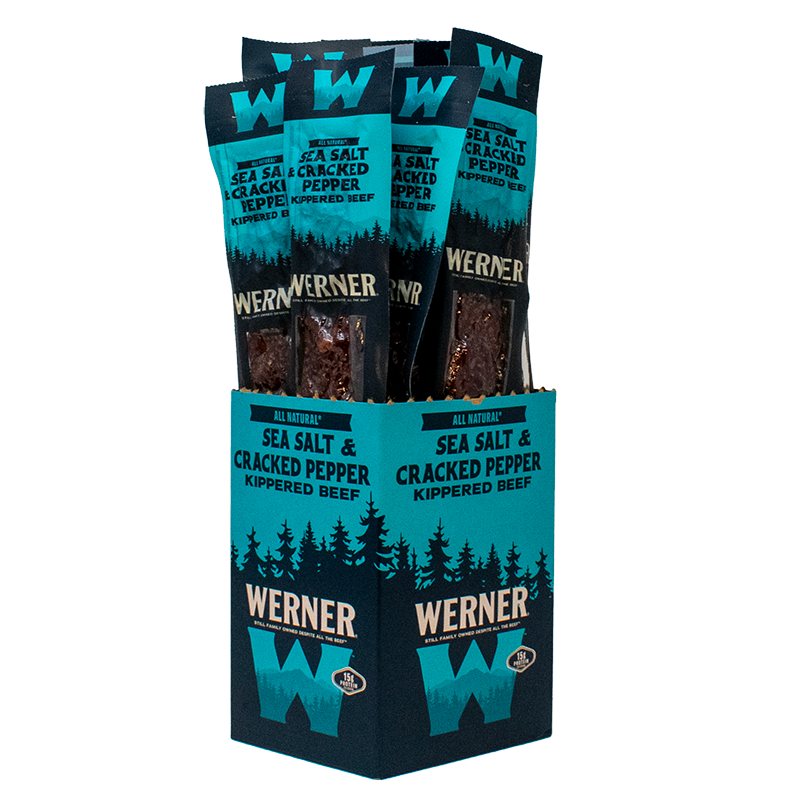 Display of Werner sea salt and cracked pepper kippered beef packages on a white background